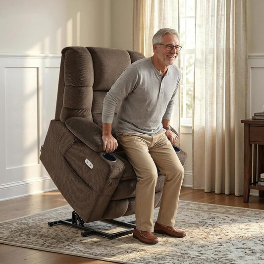 MCombo Triple Motor Lay Flat Power Lift Recliner Chair for Tall Elderly, Infinite Position, Massage, Dual Heating, Adjustable Headrest, Fabric 7634 (Coffee, Large)