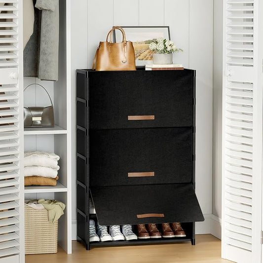 Shoe Rack, 7 Tier Shoe Storage Cabinet with Door 28 Pair Plastic Shoe Shelves Organizer for Closet, Entryway, Hallway, Bedroom, Black
