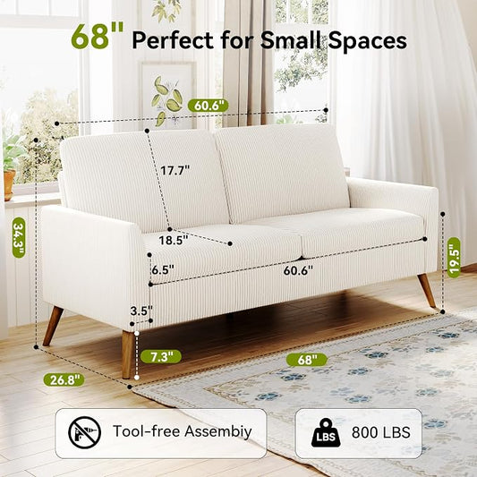 68" Loveseat Sofa, Comfy White Corduroy Couches for Living Room, Mid Century Modern Love Seat Sofa, Tool-Free Setup Small Couches for Bedroom Office