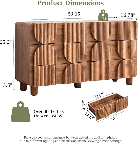 Fluted Dresser for Bedroom with 6 Drawers, 54" Wide Mid Century Modern Chest of Drawers , Wooden Curved Dresser TV Stand, Wood Closet Clothes Storage Organizer for Living Room, Hallway, Walnut
