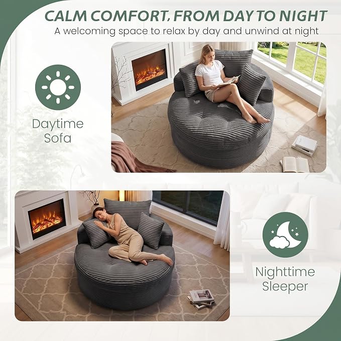 Oversized Round Chaise Lounge Chair, Deep Seat Cloud Boneless Floor Sofa Couch, Upholstered Corduroy Sleeper with 3 Pillows & Optional Ottoman, No Assembly Modern Lazy Floor Lounger for Living Room