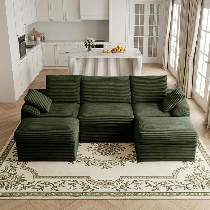 107" Modular U-Shaped Sectional Sofa with Storage, 3-Seat Corduroy Boneless Couch, 27" Deep Seat Cloud Couch & 2 Movable Ottoman, Tool-Free Assembly, Couch for Living Room, Green
