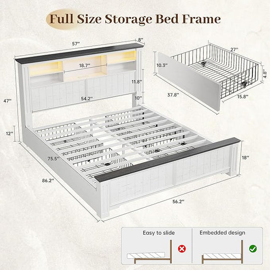 EnHomee Full Size Bed Frame with Storage Headboard and 4 Drawers,Charging Port & LED,No Box Spring Needed for Apartment,Noise,-Free,White with Grain Marks