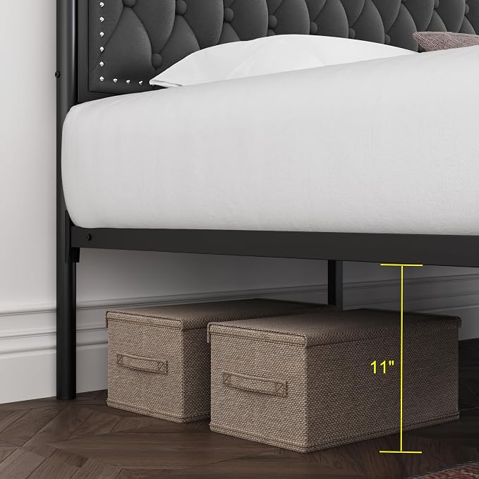 Keyluv King Upholstered Canopy Bed Frame with 3 Storage Drawers & Button Tufted Headboard, Metal Platform Bed with 4 Removable Posts, Two-Purpose Velvet Bed, Dark Grey/Curtain Not Included