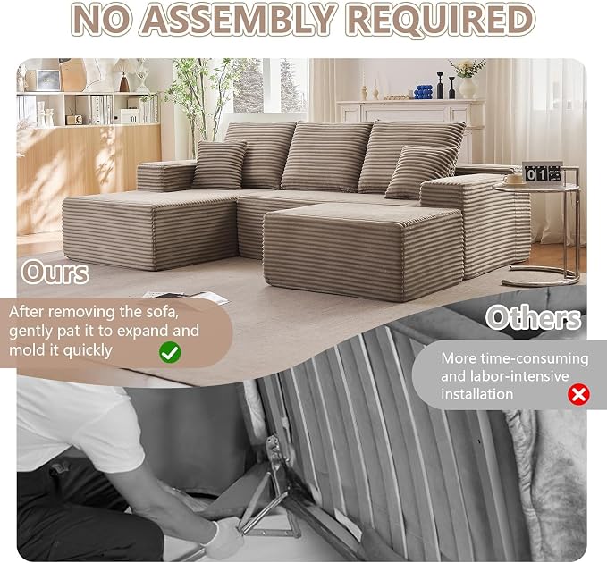 107" Cloud Modular Sectional Couches, Modern Convertible U Shaped Couch, 3 Seat Corduroy Comfy Deep Seat Sectional Sofa Oversize Deep Seat Sofa Camel