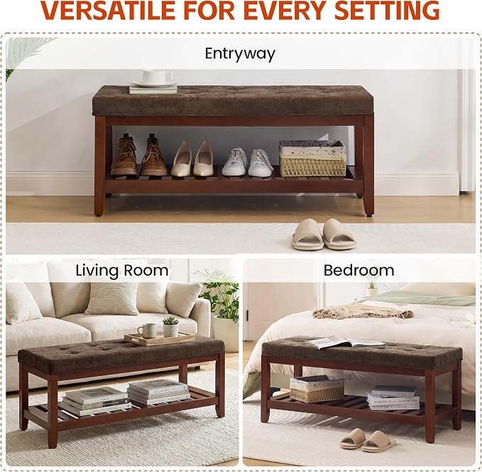 HUBSON 44" Entryway Shoe Bench, Upholstered End of Bed Bench with Solid Wood Shelf, Button Tufted Shoe Bench for Bedroom, Hallway, Living Room, Brown