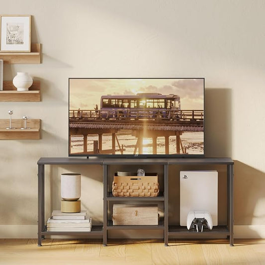 JARHETUN TV Stand for 55 Inch TV, Entertainment Center with 3-Tier Open Shelves, TV Console Table for Living Room, Bedroom, Black