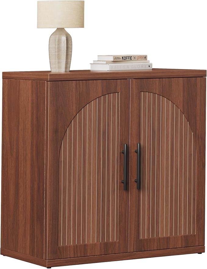 MapleGrace 31.5" Fluted Buffet Cabinet with Storage, Mid-Century Symmetrical Arched Sideboard Credenza with Adjustable Shelf, Large Wood Console Table for Dining Room, Kitchen, and Living Room(Walnut)