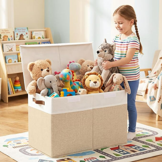 Bagnizer Large Toy Storage Box with Lids, Collapsible Sturdy Baby Storage Organizer Chest Bin Basket for Kids, Boys, Girls, Playroom, Nursery, Bedroom, Closet 25"x13"x16" (Beige and White)