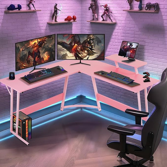 51 Inch L Shaped Gaming Desk Corner Computer Desk with Detachable Monitor Stand for Home Office Learning Gaming Workstation,Pink