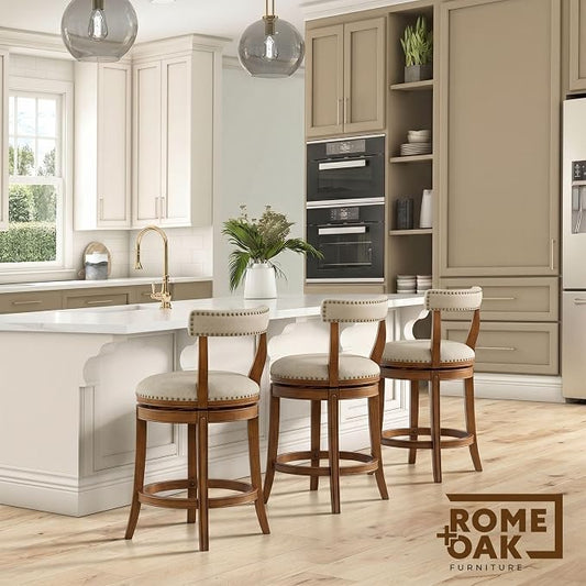 ROME + OAK Ruxban 26" Counter Stool, Low Back Swivel Barstools in Weathered Oak Finish with Sand Fabric Upholstery Seat - Indoor Home Furniture