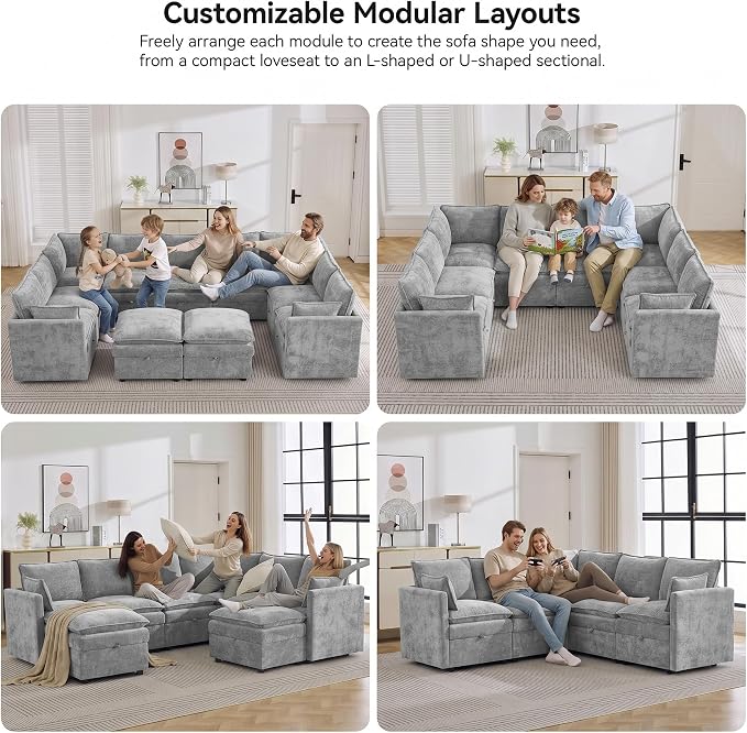 80" Light Grey Modular Storage Sofa, V Shaped Chenille Cloud Couch | Oversized Convertible Sectional Sofa, 5-Seat Sectional Couch With Armrests, Large Cloud Couch For Living Room, Apartment.
