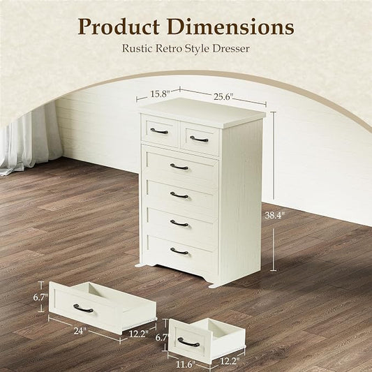 AODK Farmhouse Tall 6 Drawer Dresser for Bedroom, 5-Tier Vertical Storage Chest with Mixed Drawers, Engineered Wood Frame with Anti-Tip Safety, American Country Furniture, Vintage White