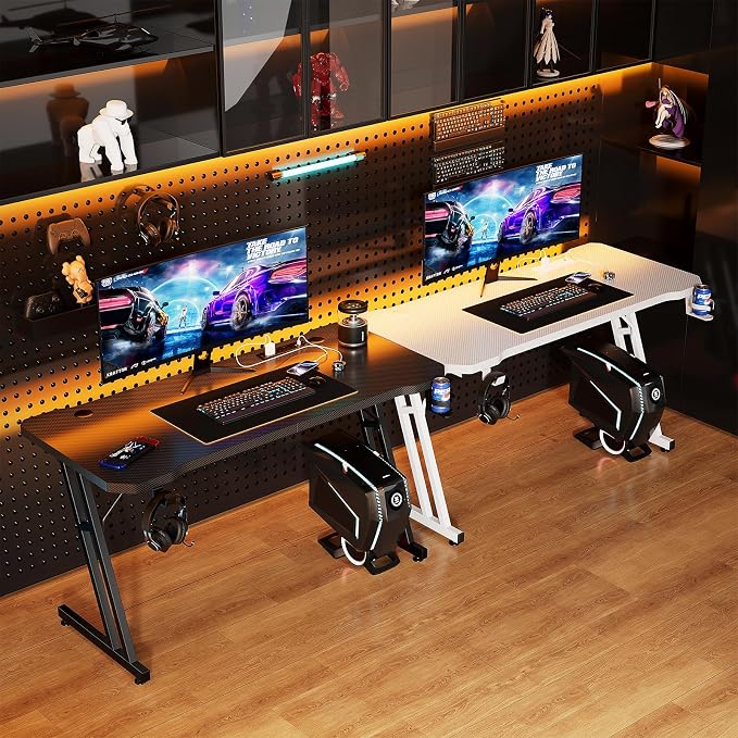 Czlolo 47 Inch Gaming Desk with Power Outlets, L-Shape Leg Computer Desk, Gamer Desk for Small Space, Wtih Cup Holder, Headphone Stand, USB& Tpye-C Ports, Carbon Fiber Surface, Black