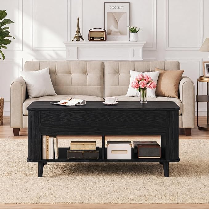 HUAHUU 41.3" Lift Top Coffee Table, Modern Coffee Table with Storage, Fluted Coffee Tables with Lift Tabletop, Hidden Storage Compartment & Lower Shelf for Living Room, Home Office, Black