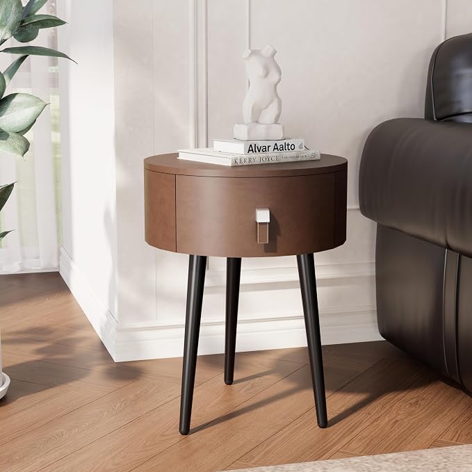 Round Nightstand Set of 2 with Single Drawer, Modern Bedside Table with Metal Legs for Bedroom, Leather Side Table, Small Accent End Table, Brown