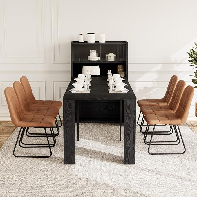HIPIHOM Dining Table Set for 6, Extendable 86.6" with Storage | Space-saving MDF Kitchen Table with 6 Upholstered U-shaped Brown Chairs, Ideal for Apartment, Living Room