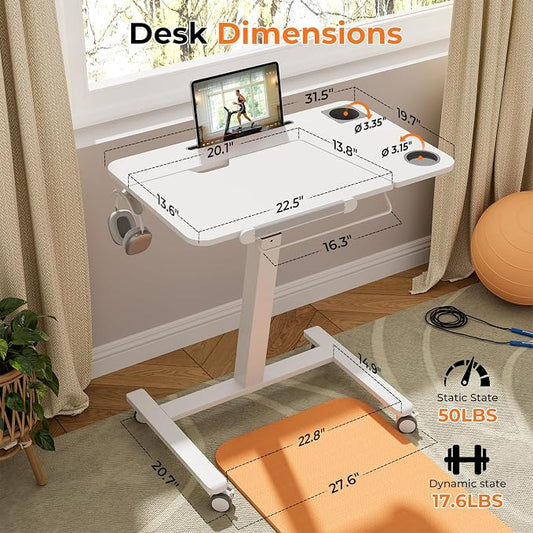 JOY worker Mobile Standing Desk for Treadmill, 31.5" Small Pneumatic Height Adjustable Walking Pad Desk, 40° Foldable Rolling Bike Trainer Stand Table on Wheels with Cup Holder & Towel Rack, White
