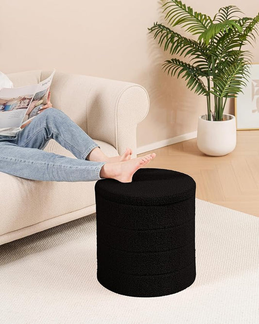 B FSOBEIIALEO Ottoman with Stroage, Round Sherpa Storage Ottoman Stool, Boucle Foot Rest 16.9"x16.9"x17.7"(Black