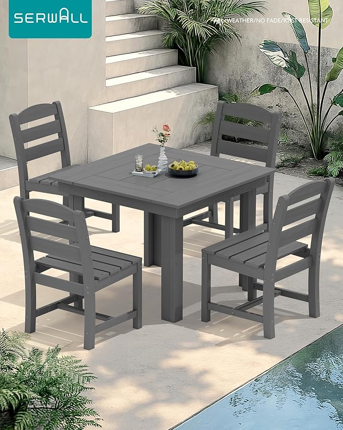 SERWALL Outdoor Dining Set for 4, HDPE Square Table and Chairs Set All Weather Patio Dining Set with 4 Armless Chairs for Patio, Gray