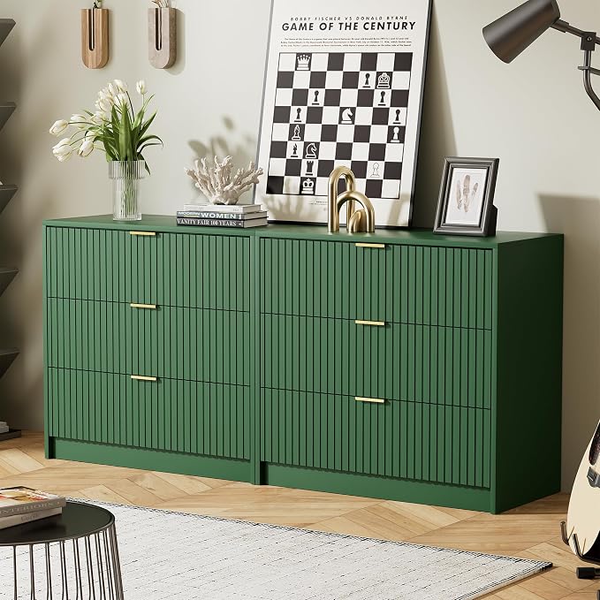 Furniway Green Dresser Bedroom Set 3 Pieces, Nightstands Sets of 2, 8 Drawer Dresser with Gold Handles for Bedroom