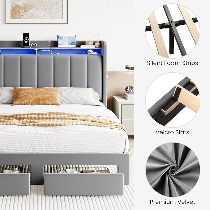 SHA CERLIN Velvet Full Size Bed Frame with Vertical Channel Tufted Wingback Headboard & 2 Storage Drawers/2-Tier Shelves with LED Lights & Charging Station/Noise-Free/No Box Spring Needed/Light Grey