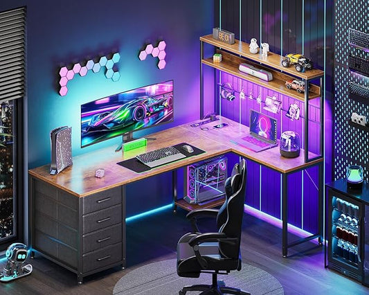 AODK L Shaped Desk Gaming Desk with LED Light & Power Outlet, 59 Inch Reversible L Shaped Computer Table with 4 Drawers for Home Office, Vintage