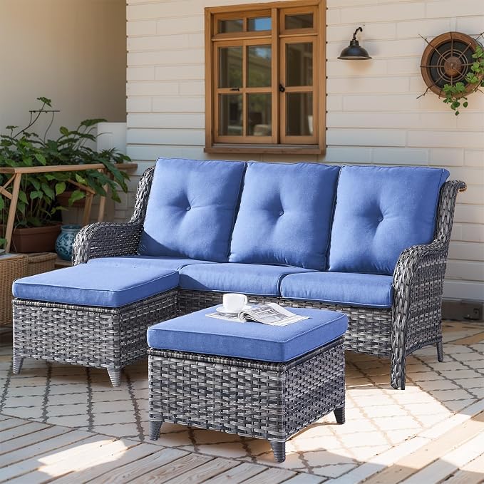 Outdoor Patio Furniture - 3 Seater Outdoor Rattan Wicker Sofa Patio Couch with Ottoman for Porch Deck Garden Backyard - Grey/Blue