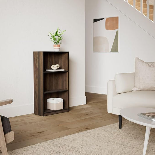 Furinno BASIC Book Shelf, 3-Tier Modern Bookshelf, Bookcase with Open Shelves, 9.3 x 21.8 x 39.5, for Living Room, Bedroom, Home Office, Columbia Walnut/Black