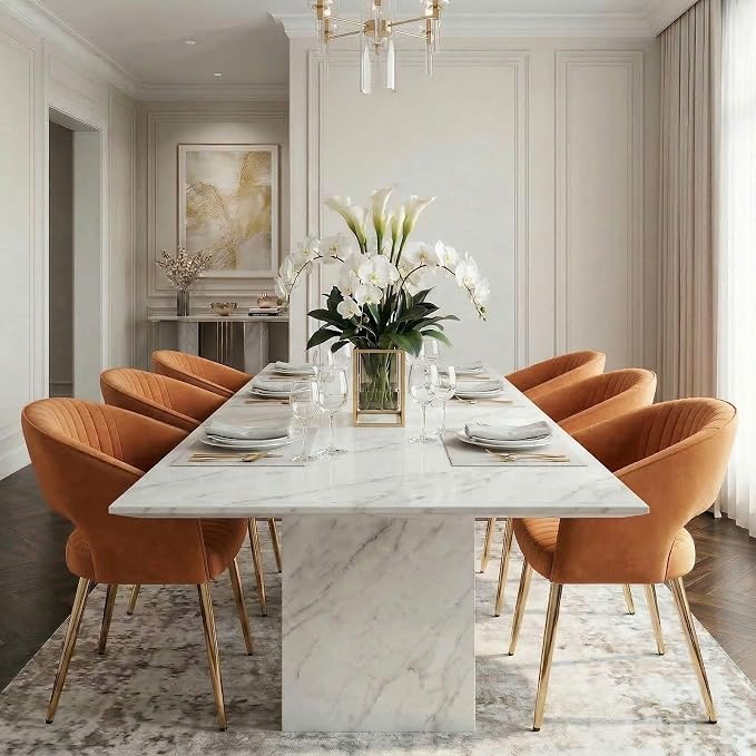 Hyfirm Orange Velvet Dining Chairs Set of 2, Modern Gold Legs Dining Room Chairs with Hollow Back, Upholstered Accent Kitchen Chairs for Living Room/Reception/Restaurant