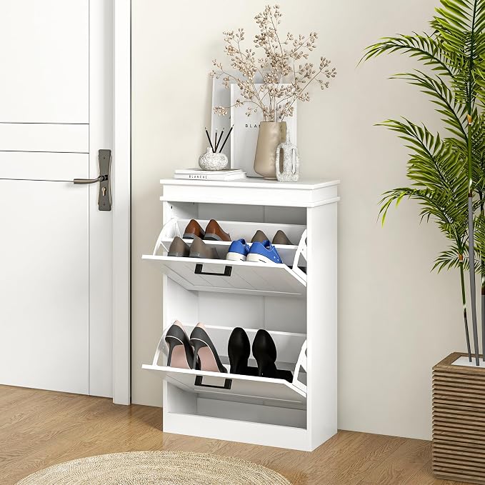 HOMCOM Narrow Shoe Cabinet with 2 Flip Drawers, Modern Freestanding Shoe Storage Cabinet with Adjustable Shelves for Entryway, Hallway, White
