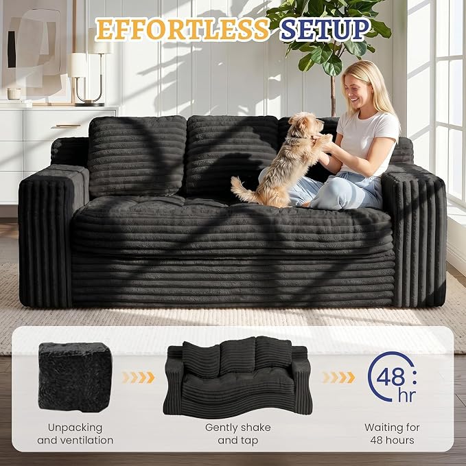 Boneless Couch, Cloud Loveseat Sofa Corduroy Couch in a Box, Upholstered Boneless 3 Seater Couch for Living Room Bedroom Office Apartment, No Assembly Required, Black