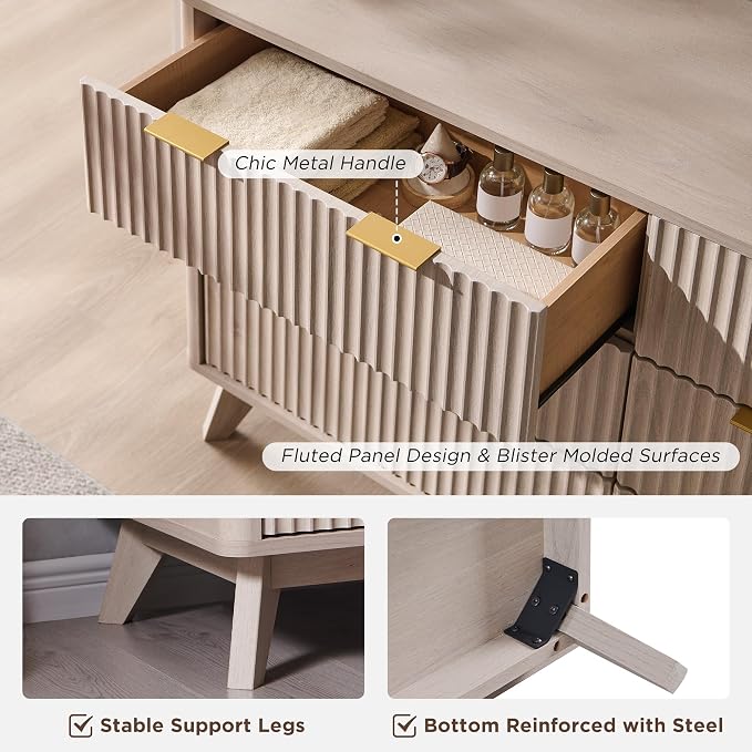 T4TREAM Fluted 6 Drawers Dresser, 54" Wide Modern Chest of Drawers, Curved Profile Design, Dresser TV Stand, Wood Drawer Organizer for Bedroom, Living Room, Hallway, White Alder