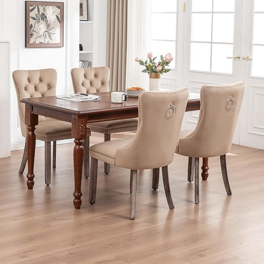 Mid Century Modern Dining Chair Set of 4 Velvet Upholstered Dining Accent Chair Farmhouse Dining Chairs with High Back and Nailhead Trim for Kitchen, Living Room, Bedroom (Khaki)