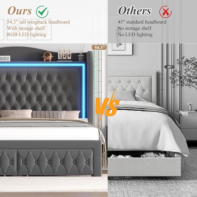 Queen Bed Frame 55" Tall Headboard with LED Lights, Buttons Tufted Velvet Upholstered Platform Bed Frame with 2 Storage Drawers, Wood Slats Support Mattress Foundation, No Box Spring Needed, Grey