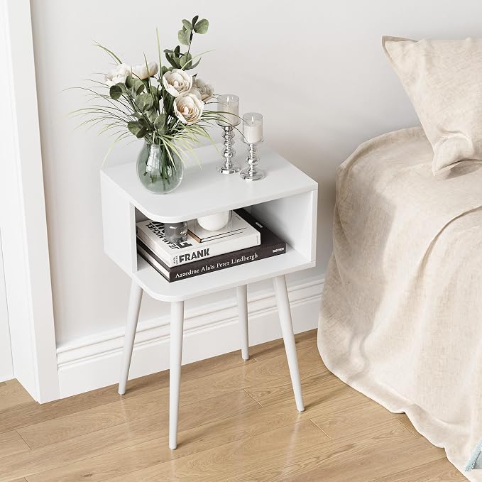 White Nightstand Set of 2, Small Bed Side Table for Small Spaces, Mid Century Modern Nightstand End Table with Open Storage, Side Table for Bedroom Living Room, MLBZ20W-2
