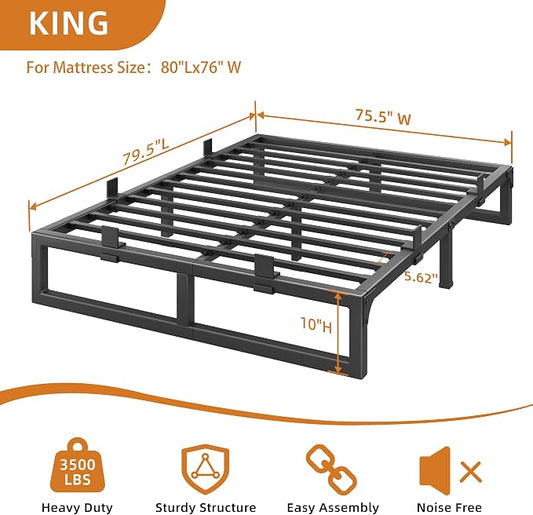 King Size Bed Frame, 10 Inch Metal Platform Bed Frames with Squeak Free U-Slot Design, 6 Non-Slip Guards, 3500lbs Heavy Duty Steel Slat Support, No Box Spring Needed, Under Bed Storage, Black