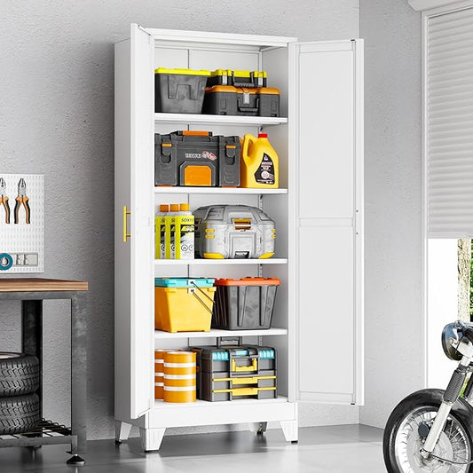 71" White Metal Storage Cabinet with 2 Doors and 4 Adjustable Shelves,Steel Garage Tool Cabinet, File Cabinet,Kitchen Pantry Cabinet for Home,Office,Garage,School,Warehouse