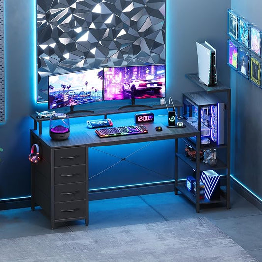 59 Inch Gaming Desk with LED Lights and Power Outlets, Computer Desk with Storage Shelves, Fabric Drawers, Monitor Stand & Side Hook, Reversible Gamer Table for Home Office, Carbon Fiber Black
