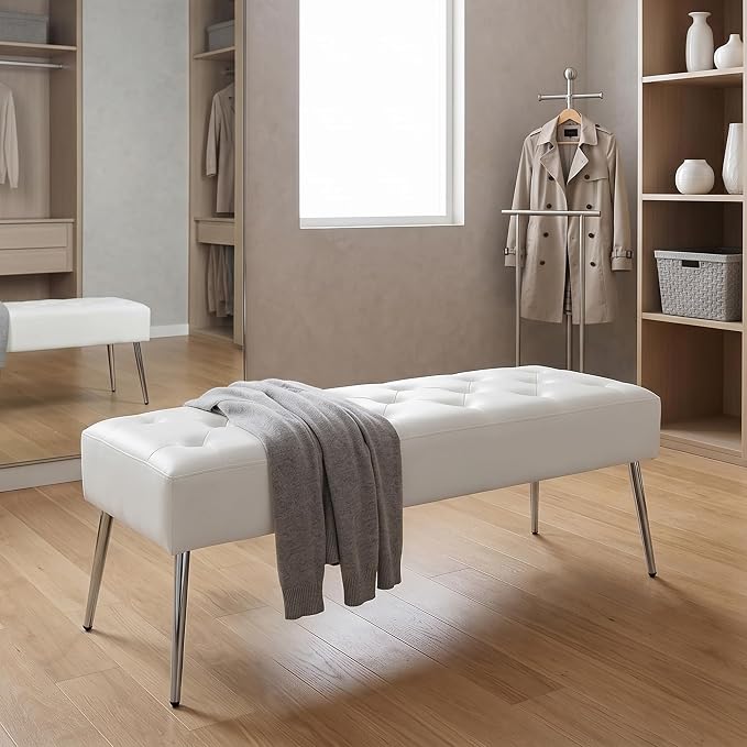 DUHOME Button-Tufted Ottoman Bench, Upholstered Footrest Stool Rectangular Dining Bench Leather Accent Bench for Entryway Dining Room Living Room Bedroom, White
