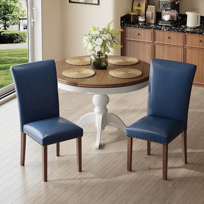 MALOL Dining Chairs Set of 6, High Back Dining Chair with Wood Legs and Nailhead Trim, Modern Padded Kitchen Room Chairs for Dining Room/Restaurant, Blue