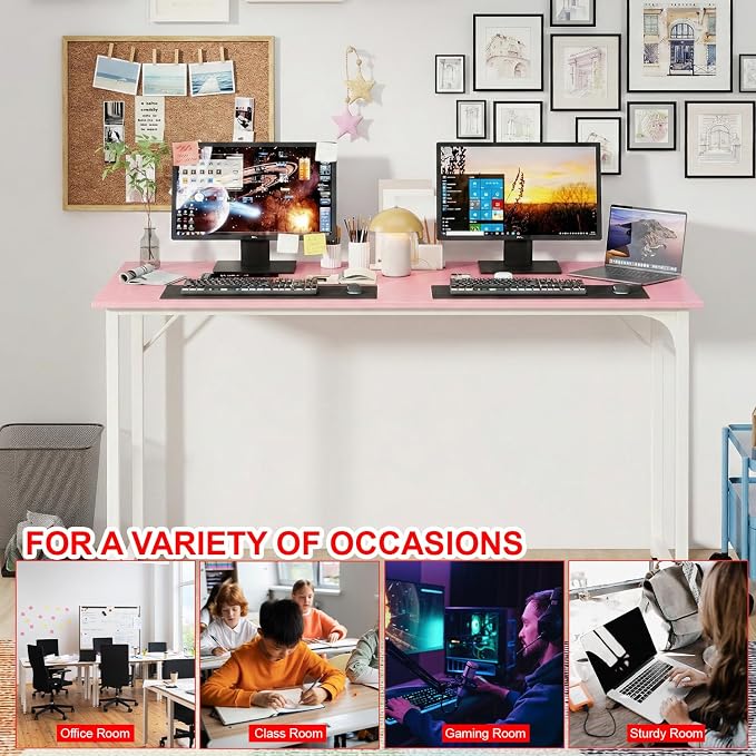 PayLessHere | 55 Inch Computer Desk | Pink | Office Desk with Metal Frame, Adjustable Feet | Water-Resistant, Scratchproof Surface | Sturdy Writing Table for Home Office or Study | Pack of 1