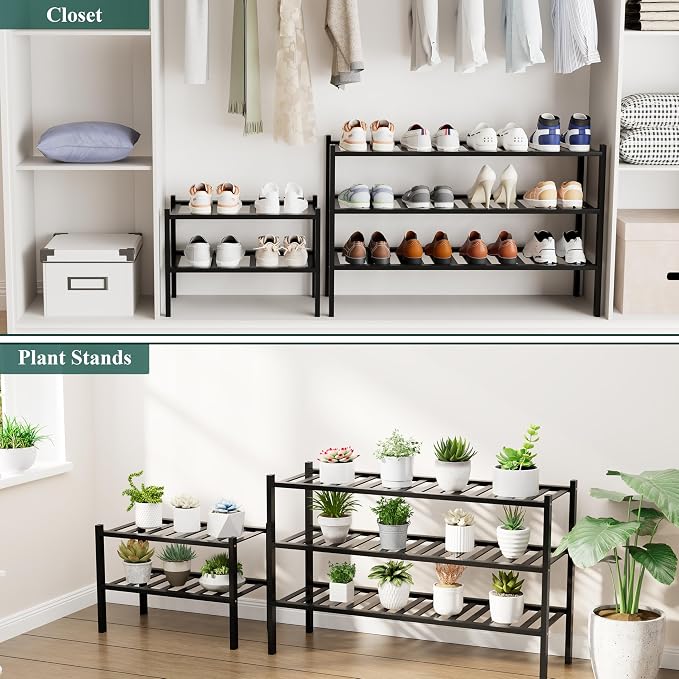 Smiry Small Bamboo Shoe Rack, 2 Tier Free Standing Wooden Shoe Organizer, Stackable Wood Shoe Storage Shelf for Closet, Entryway, 12 Vertical Slats, One-piece Standard Legs, 17.3"x11"x13", Black