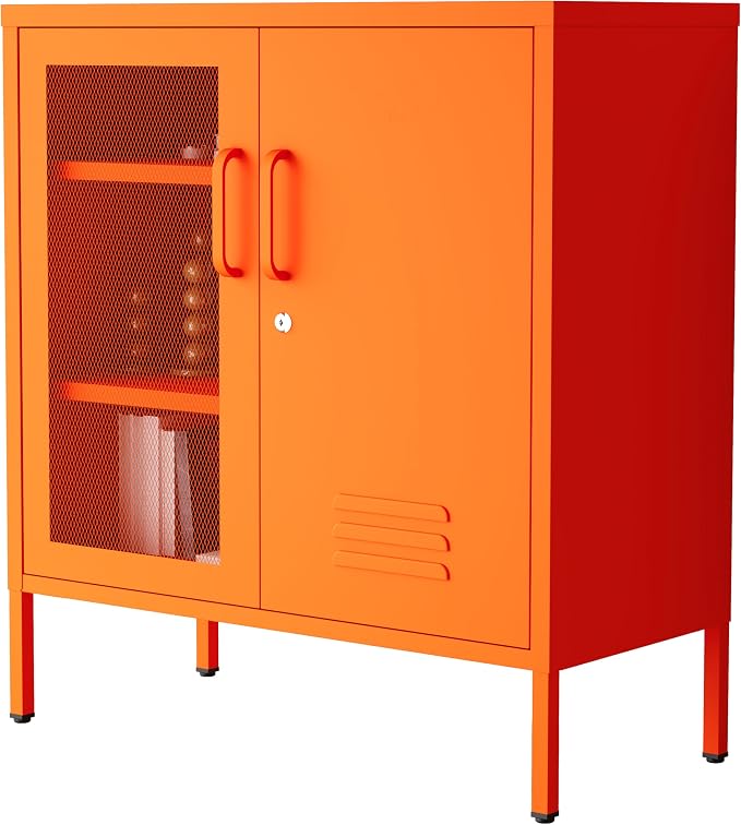 Locking Steel Storage Cabinet Shoe Cabinet for Living Room Bathroom Kitchen Left Wire Mesh Door Right Iron Door Orange Size:33" H x 29.5" W x 13.8" D