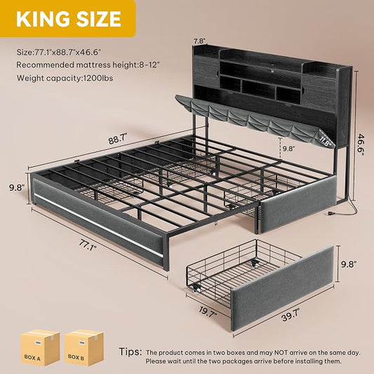 DWVO King Size Bed Frame with RGB LED Lights & Storage Bookcase Headboard, Upholstered Bed with Charging Station and 4 Drawers, No Box Spring Needed, Easy Assembly, Noise-Free, Velvet Grey
