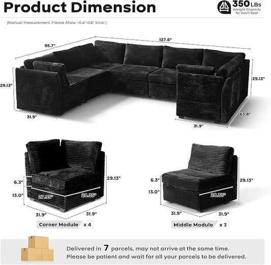 ovios Modular Sectional Sofa Couch with U-Shape Chaise Oversized, Comfy Plush Corduroy Cloud Couches, Modern Luxury Deep Seat Sofas Set for Living Room, 7-Seater, Black