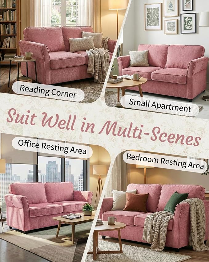 Karl home 67" Loveseat Sofa Chenille Fabric, Pink | Removable Covers, Outward Arms, Spring Cushion & Solid Wood Frame, Deep Seat for Living Room, Bedroom, Apartment