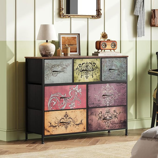 WLIVE 7 Drawer Dresser TV Stand, Entertainment Center, Media Console Table with Metal Frame and Wood Top for TV up to 45 inch, Chest of Drawers for Bedroom, Living Room, Pattern