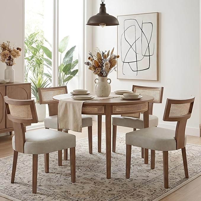 HNY Mid Century Modern Rattan Dining Chairs Set of 2, Farmhouse PU Leather Upholstered Accent Chair Curved Backrest Kitchen Chairs, with Hardwood Frame, Grey