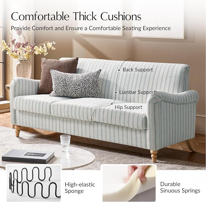 HULALA HOME Farmhouse Curved Couch with Stripe Pattern, 3 Seater Sofa with Solid Wood Spindle Legs and Rolled Wide Armrests, Comfy Upholstered Sofa for Living Room Bedroom, Blue